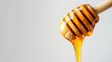 dripping honey on wooden dipper white background with room for copy space - obrazy, fototapety, plakaty