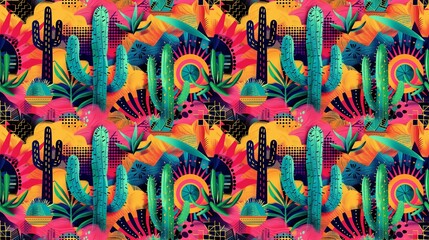Fototapeta na wymiar Eclectic Tropical Seamless Pattern with Cacti, Agave, and Sombrero. Bold Colorful Mexican Design mixed with Maya or Aztec Patterns. Fashion And Textile Industry. AI Generated