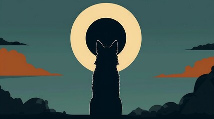a minimalist flat illustration featuring a wolf facing away, surrounded by a large solar eclipse and clouds, using a triadic sapphire palette , Attractive look - obrazy, fototapety, plakaty