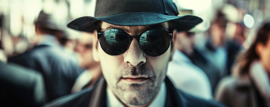 Disguised spy in a crowded place eyes locked on the target the secret dance of espionage and assassination