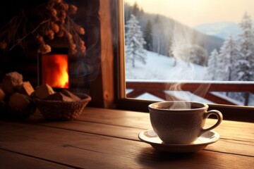 Cozy winter scene with a steaming cup on a wooden table overlooking a snowy landscape through a window, warm fireplace in background.