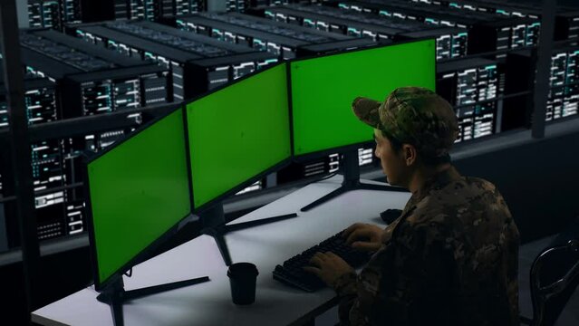 Side View Of Asian Military Having Backache While Working With Mock Up Multiple Computer Monitor In Data Center