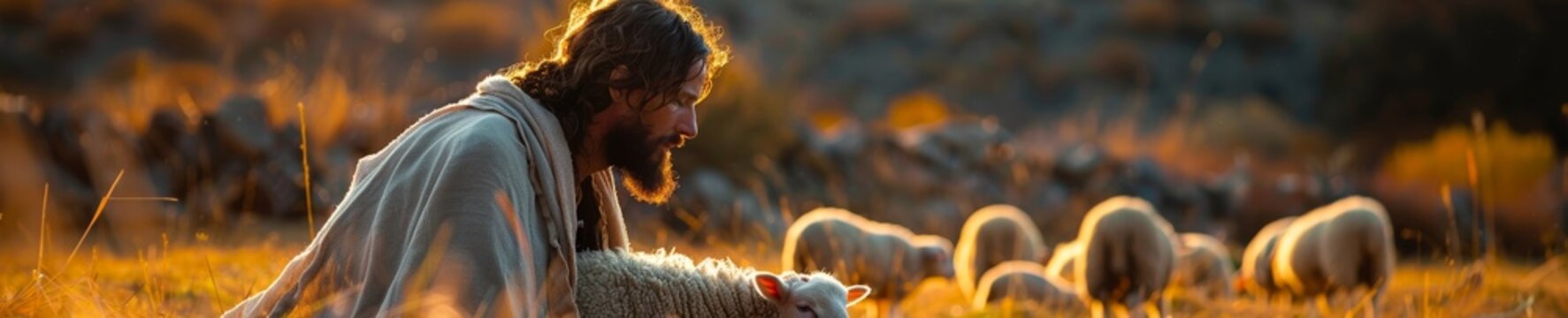 Jesus gazing lovingly at a lamb with other sheep in the background
