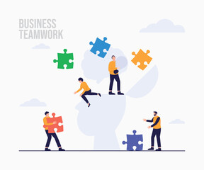 Teamwork business people connecting puzzle pieces landing page concept