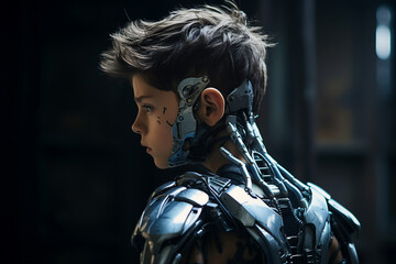 Ai generative science fiction picture of male cyberpunk high tech robot in dark futuristic city