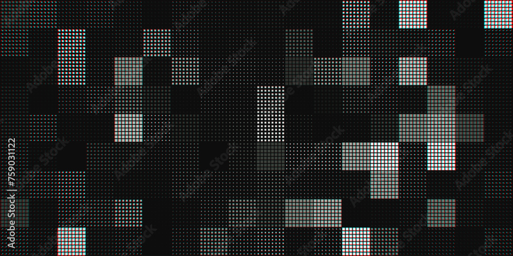 Poster Modern Stylish Halftone Technology Seamless Texture. Tech Abstract Background with Random Size Pixels. Vector Chaotic Squares Mosaic Pattern. Vector Tiles.