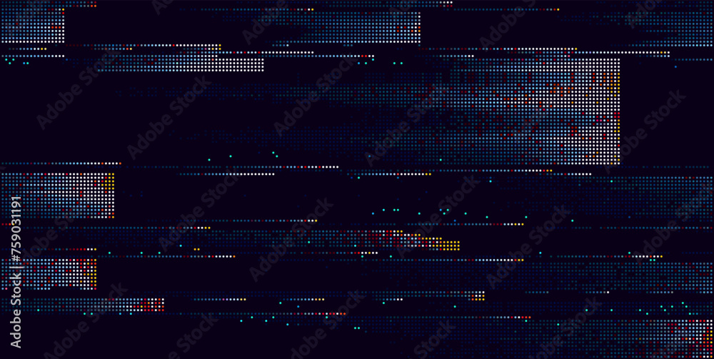 Poster Colorful Glitch Screen Effect Background. Abstract Digital Pixel Dots Noise Glitch Error. Overlay Texture Pixel Sorting Effect Illustration. Modern Sci-Fi Game Vector Background.