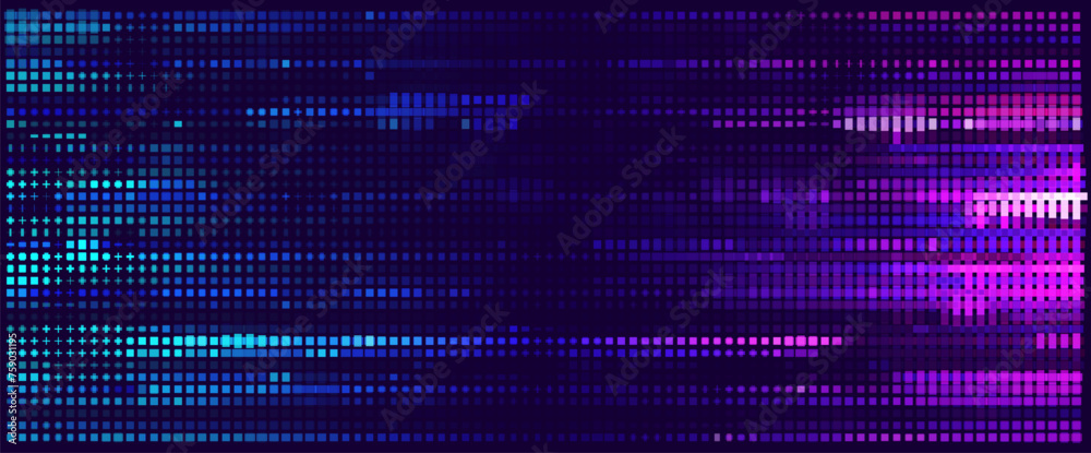 Poster wide glitch banner background. purple cross lines pixels design for banners, web pages, presentation