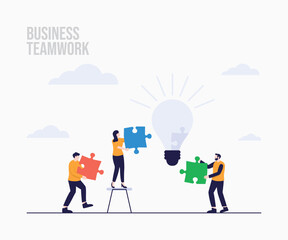 Teamwork business people connecting puzzle pieces landing page concept