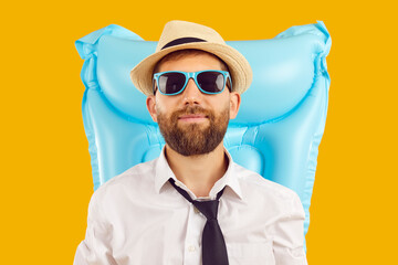 Close up portrait of bearded man in sunglasses and office clothes with a white shirt and tie...