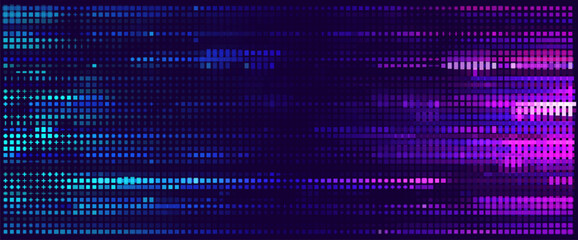 Naklejka premium Wide Glitch Banner Background. Purple Cross Lines Pixels Design for Banners, Web Pages, Presentations. Purple Blue Bright Game Background. Vector Illustration.