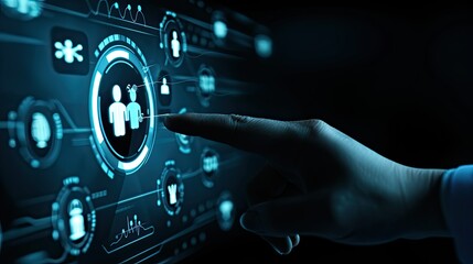 Obraz premium The doctor's hand confidently navigates the digital display, overseeing important functions.