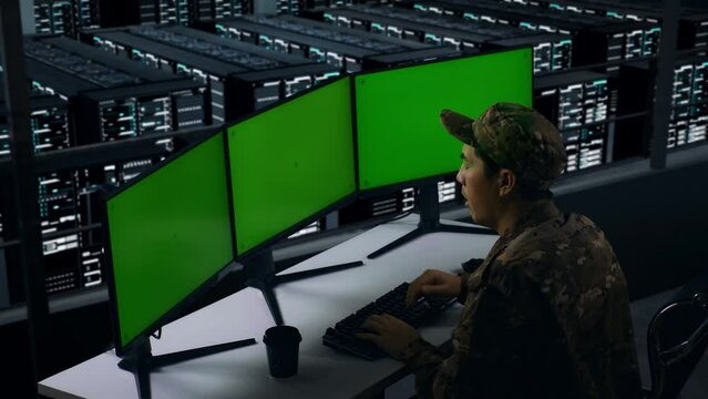 Side View Of Tired Asian Military Yawning Before Sleeping While Working With Mock Up Multiple Computer Monitor In Data Center