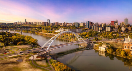 Bridge over the river with city in background. Edmonton, Alberta, Canada