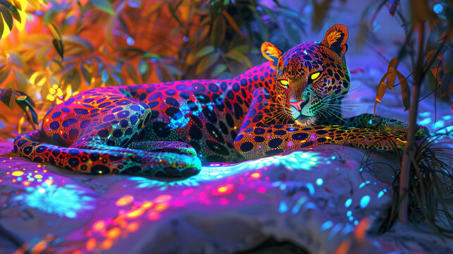 pantera adornata con disegni patchwork psichedelici all'interno di uno splendido e colorato caotico patchwork psichedelico al neon.