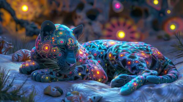 pantera adornata con disegni patchwork psichedelici all'interno di uno splendido e colorato caotico patchwork psichedelico al neon.