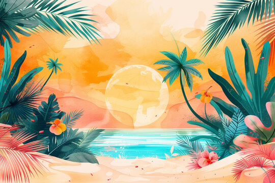 Summer painted beach abstract background on sundown.