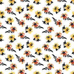 Red y yellow exotic flowers watercolor seamless pattern.  Cute background  for decor, cards, logo, banners, cover, wrapping paper.