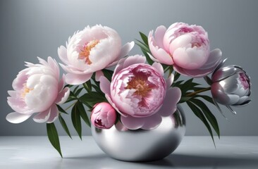 half natural half metallic bouquet of pink peonies in silver color vase on gray background, ai and life concept, robot and nature concept