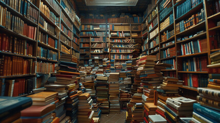 A library with floor-to-ceiling bookshelves filled with books of all shapes and sizes, their colorful spines creating a vibrant mosaic of knowledge and imagination.