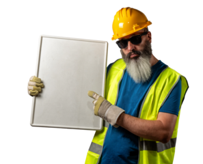 Obrero con barba blanca, gafas de sol, casco amarillo y chaleco de seguridad señala con determinación hacia una pancarta en blanco que sostiene, aislado sobre fondo blanco o transparente.