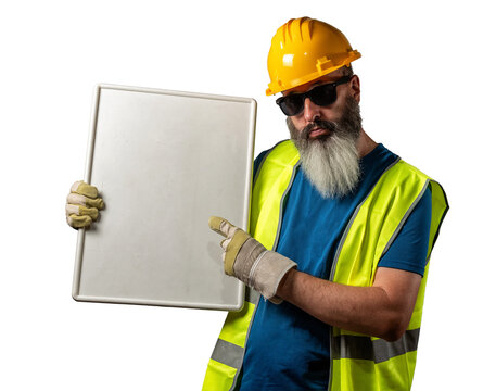Obrero con barba blanca, gafas de sol, casco amarillo y chaleco de seguridad se&ntilde;ala con determinaci&oacute;n hacia una pancarta en blanco que sostiene, aislado sobre fondo blanco o transparente.
