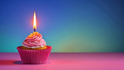 Happy birthday cup cake, candle,neon background behind 