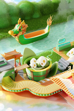 Cartoon image of a green and yellow dragon boat on a river with a basket of white dumplings