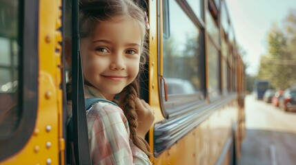 Back to school, Smiling little schoolgirl getting into the school bus