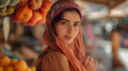 Attractive Middle Eastern young woman looking at the camera, posing at an Arab city outdoor market