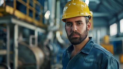 Male factory worker posing, looking at the camera, industrial professionalism