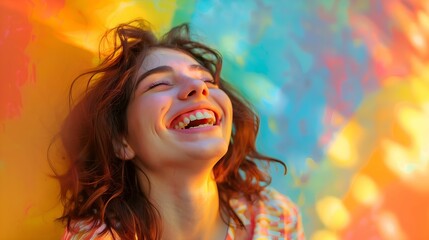 Laughing young woman on a colorful background with copy space