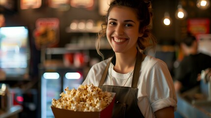 Smiling young woman working at a movie theater cafeteria, holding a box of popcorn, cinematic concessions service