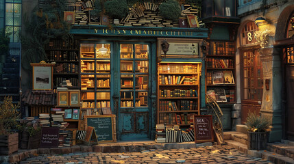 A quaint little bookstore tucked away on a cobblestone street, its windows filled with stacks of books and a charming sign inviting passersby to come in and explore its treasures. - obrazy, fototapety, plakaty