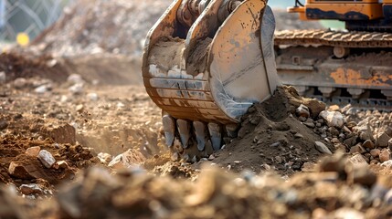 Close-up bucket of backhoe digging the soil at construction site, crawler excavator digging on demolition site