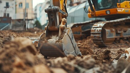 Fototapeta premium Close-up bucket of backhoe digging the soil at construction site, crawler excavator digging on demolition site