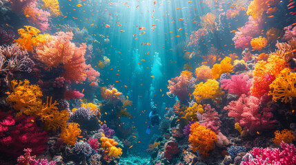 Naklejka na ściany i meble A stunning display of a coral reef bustling with fish and marine life, illuminated by natural sunlight