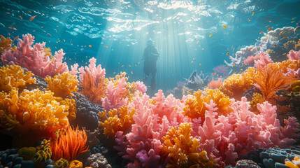Fototapeta na wymiar Underwater scene with a diver's silhouette against sunbeams piercing through water amongst vivid colored coral reef