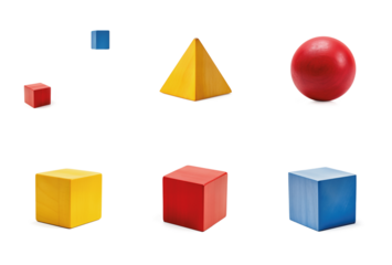 3D square, pyramid, ball shapes from wooden toy blocks in red, yellow and blue