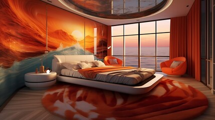 a orange bedroom concept where furniture seamlessly combines the calming influence of ocean waves with the fiery allure of flowing lava, resulting in a unique and captivating design , Attractive look