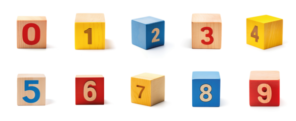 3D numbers from wooden toy cubes font in red, yellow and blue, suitable for birthday party