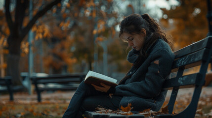 Fototapeta premium A young woman lost in thought as she sits on a park bench, a book open in her hands, completely absorbed in its pages as the world passes by around her.