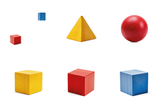 3D square, pyramid, ball shapes from wooden toy blocks in red, yellow and blue