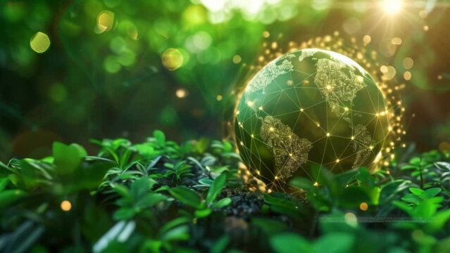 digital planet earth globe in lush forest with trees and plants, green energy, ecology and environmental concept Generative AI 