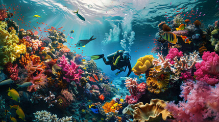Fototapeta na wymiar Scuba diver explores the depths among an explosion of multi-colored coral formations
