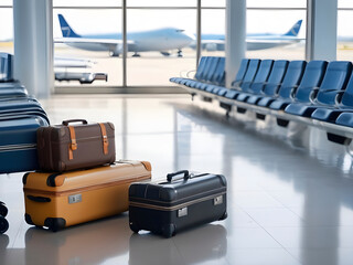 Voyage Awaits. Suitcases Stand Ready in Airport Departure Lounge