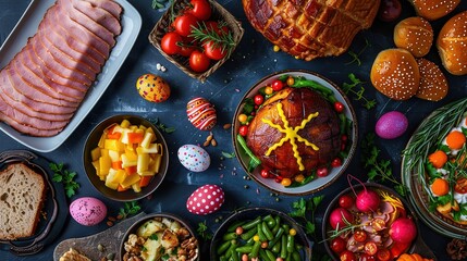 Delicious and colored food on the festive table, top view. Generative AI