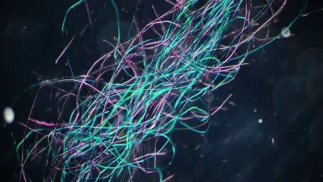 Natural silk under microscope. 100x magnification. Thickness 20-30 micrometers. Fibroin and sericin. Raw materials for production of premium luxury clothing. Dark-field microscopy