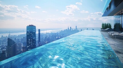 A modern rooftop infinity pool perched atop a skyscraper, offering breathtaking views of the city...
