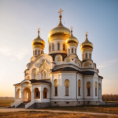 Fototapeta na wymiar Christian Orthodox Church with golden domes. Golden hour light. Square